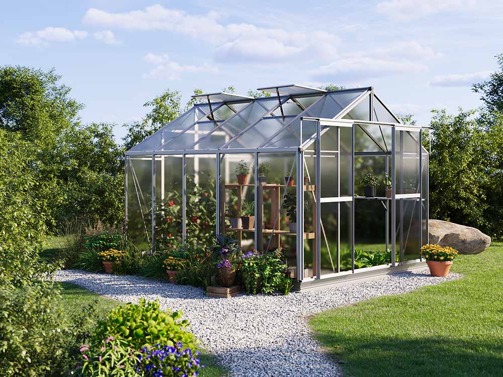 Gewächshaus 259 x 322 cm, 6 oder 8 mm, 2 Fenster, Doppeltür, Gewächshaus Aluminium, Tomatenhaus, Gartenhaus, Treibhaus, Gewächshaus günstig, Glashaus
