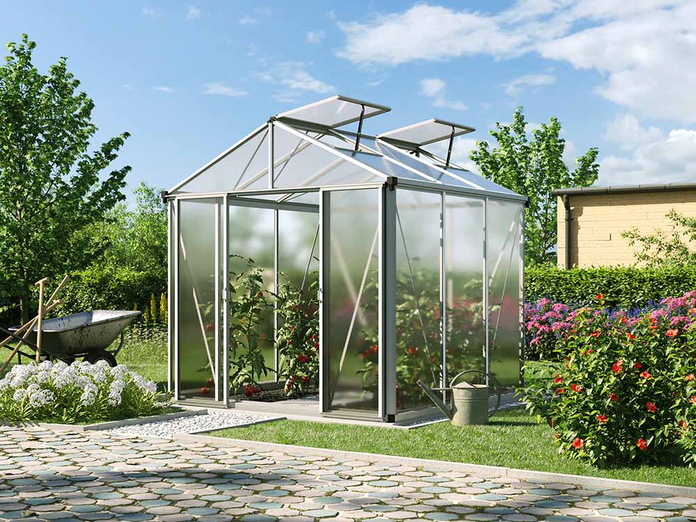 Gewächshaus 222x222 cm, 10 mm, 2 Fenster, Doppeltür, Gewächshaus Aluminium, Tomatenhaus, Gartenhaus, Treibhaus, gewächshaus günstig, Glashaus