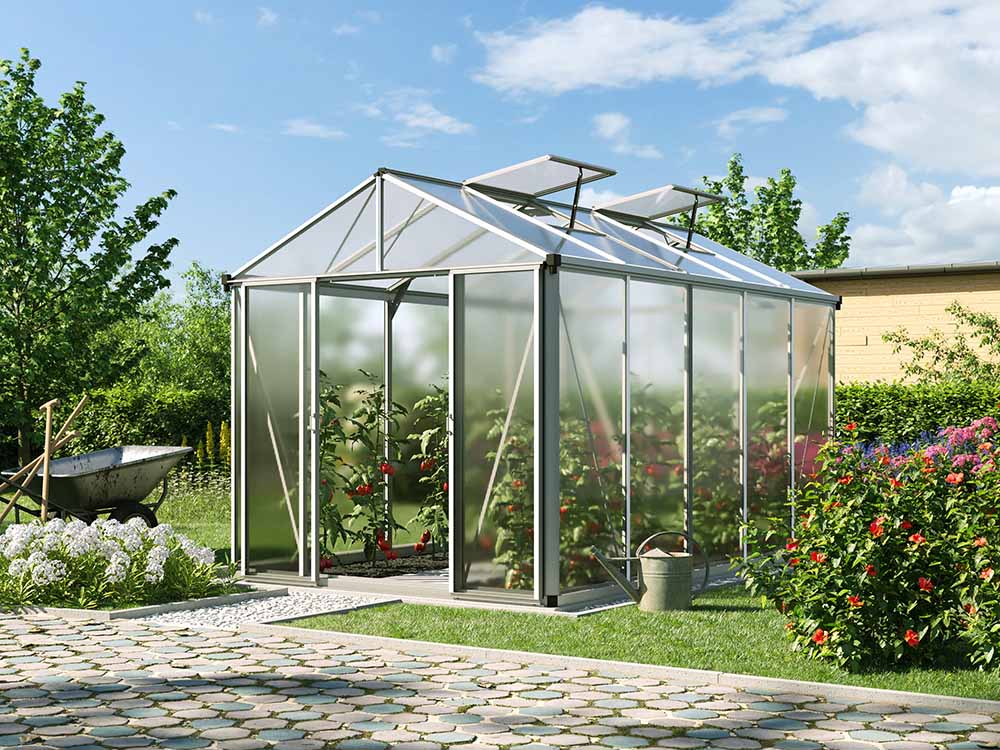 Gewächshaus 222x365 cm, 10 mm, 2 Fenster, Doppeltür, Gewächshaus Aluminium, Tomatenhaus, Gartenhaus, Treibhaus, gewächshaus günstig, Glashaus