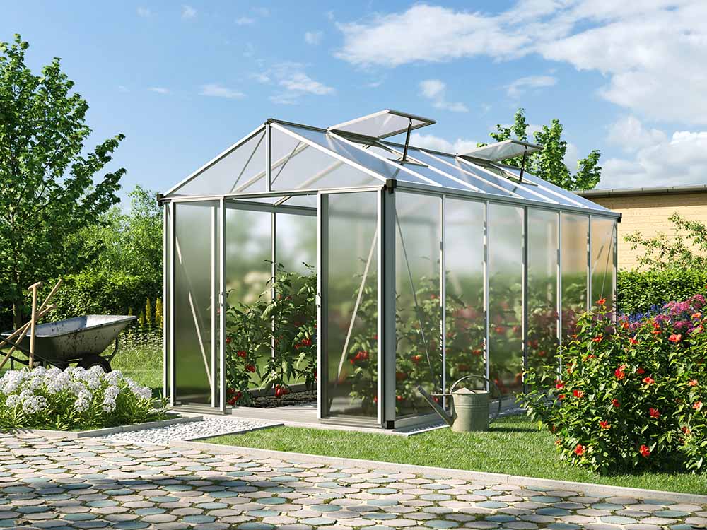 Gewächshaus 222x437 cm, 10 mm, 2 Fenster, Doppeltür, Gewächshaus Aluminium, Tomatenhaus, Gartenhaus, Treibhaus, gewächshaus günstig, Glashaus