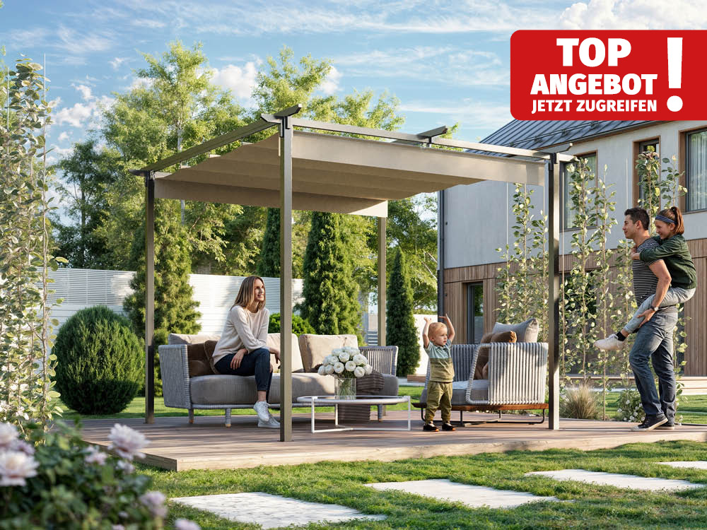 Stahlpergola 290x290 cm in Anthrazit – eine hochwertige Überdachung für Ihren Außenbereich mit robustem, wasserabweisendem Stoffdach. Diese elegante Pergola bietet stilvollen Schutz und langlebige Qualität für Garten, Terrasse oder Veranda. Stahlpergola 290x290 cm in Anthrazit – eine hochwertige Überdachung für Ihren Außenbereich mit robustem, wasserabweisendem Stoffdach. Diese elegante Pergola bietet stilvollen Schutz und langlebige Qualität für Garten, Terrasse oder Veranda.