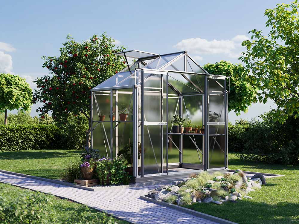 Gewächshaus 225 x 133 cm, 6 oder 8 mm, 1 Fenster, Doppeltür, Gewächshaus Aluminium, Tomatenhaus, Gartenhaus, Treibhaus, Gewächshaus günstig, Glashaus