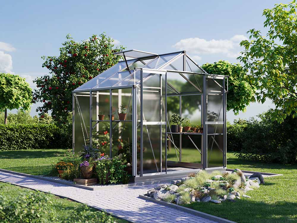 Gewächshaus 225 x 195 cm, 6 oder 8 mm, 1 Fenster, Doppeltür, Gewächshaus Aluminium, Tomatenhaus, Gartenhaus, Treibhaus, Gewächshaus günstig, Glashaus