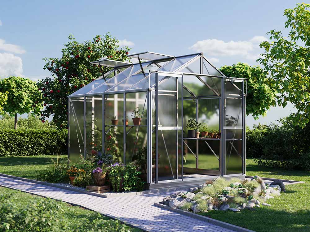 Gewächshaus 225 x 259 cm, 6 oder 8 mm, 2 Fenster, Doppeltür, Gewächshaus Aluminium, Tomatenhaus, Gartenhaus, Treibhaus, Gewächshaus günstig, Glashaus
