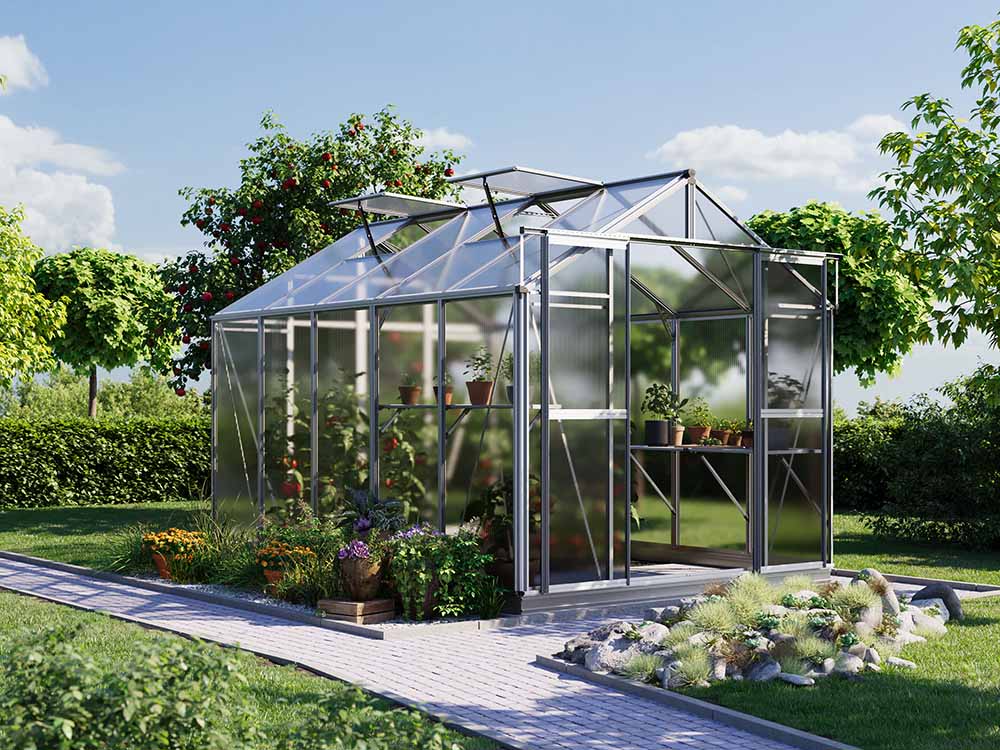 Gewächshaus 225 x 322 cm, 6 oder 8 mm, 2 Fenster, Doppeltür, Gewächshaus Aluminium, Tomatenhaus, Gartenhaus, Treibhaus, Gewächshaus günstig, Glashaus