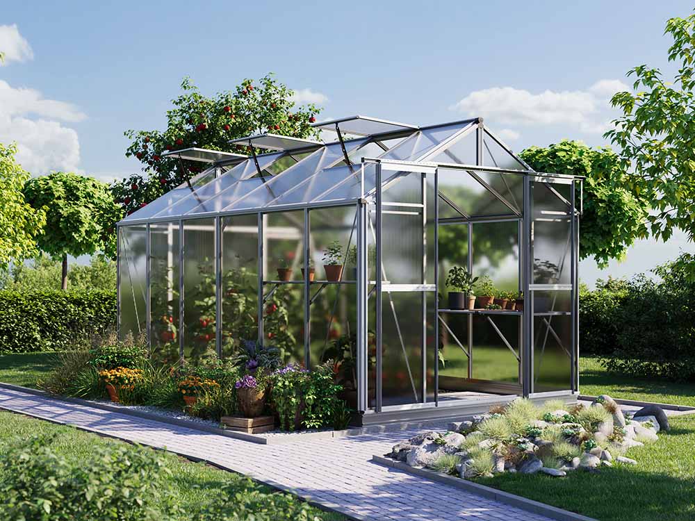 Gewächshaus 225 x 384 cm, 6 oder 8 mm, 3 Fenster, Doppeltür, Gewächshaus Aluminium, Tomatenhaus, Gartenhaus, Treibhaus, Gewächshaus günstig, Glashaus