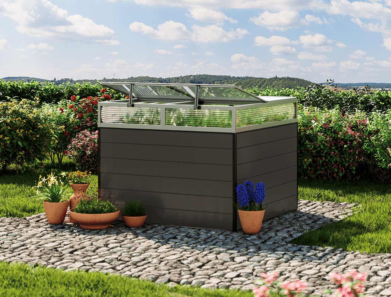 Hochbeet - Alu 119x119x77 cm, Designed IN AUSTRIA, wartungsfrei, 4 Farben, mit Frühbeet erh., Hochbeet Bausatz, Hochbeet Metall, Hochbeet Aluminium