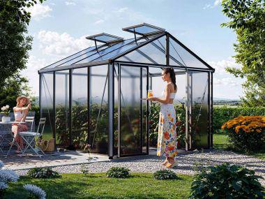 Gewaechshaus ASTERIA 22. Das Gewaechshaus klein mit 12 mm Doppelstegplatten. Ein Glashaus der GFP Profi Gewaechshaus Serie. Ein Gewaechshaus selber bauen in den Farben Aluminium-Natur, Anthrazit oder Gruen.