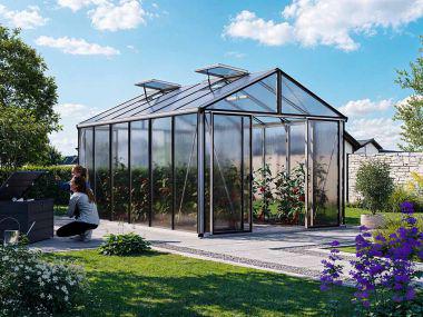 Gewaechshaus ASTERIA 24. Das Gewaechshaus klein mit 16 mm Doppelstegplatten. Ein Glashaus der GFP Profi Gewaechshaus Serie. Ein Gewaechshaus selber bauen in den Farben Aluminium-Natur, Anthrazit oder Gruen.