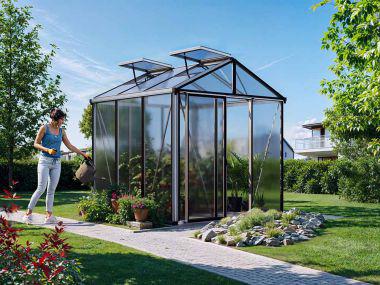 Gewaechshaus DIAMAS 21. Das Gewaechshaus klein mit 12 mm Doppelstegplatten. Ein Glashaus der GFP Profi Gewaechshaus Serie. Ein Gewaechshaus selber bauen in den Farben Aluminium-Natur, Anthrazit oder Gruen.