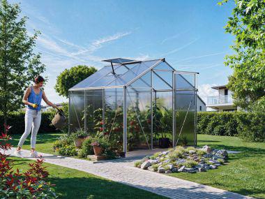 Gewaechshaus VIOLA, Glashaus mit Einfachtür, Gewaechshaus klein mit Dachfenster und automatischem Fensteroeffner