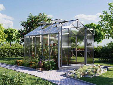 Gewaechshaus Topas 5. Das Gewaechshaus klein mit 6 oder auch 8 mm Doppelstegplatten. Ein Glashaus der GFP Hobby Gewaechshaus Serie. Ein Gewaechshaus zum selber bauen in der Farbe Aluminium-Natur.