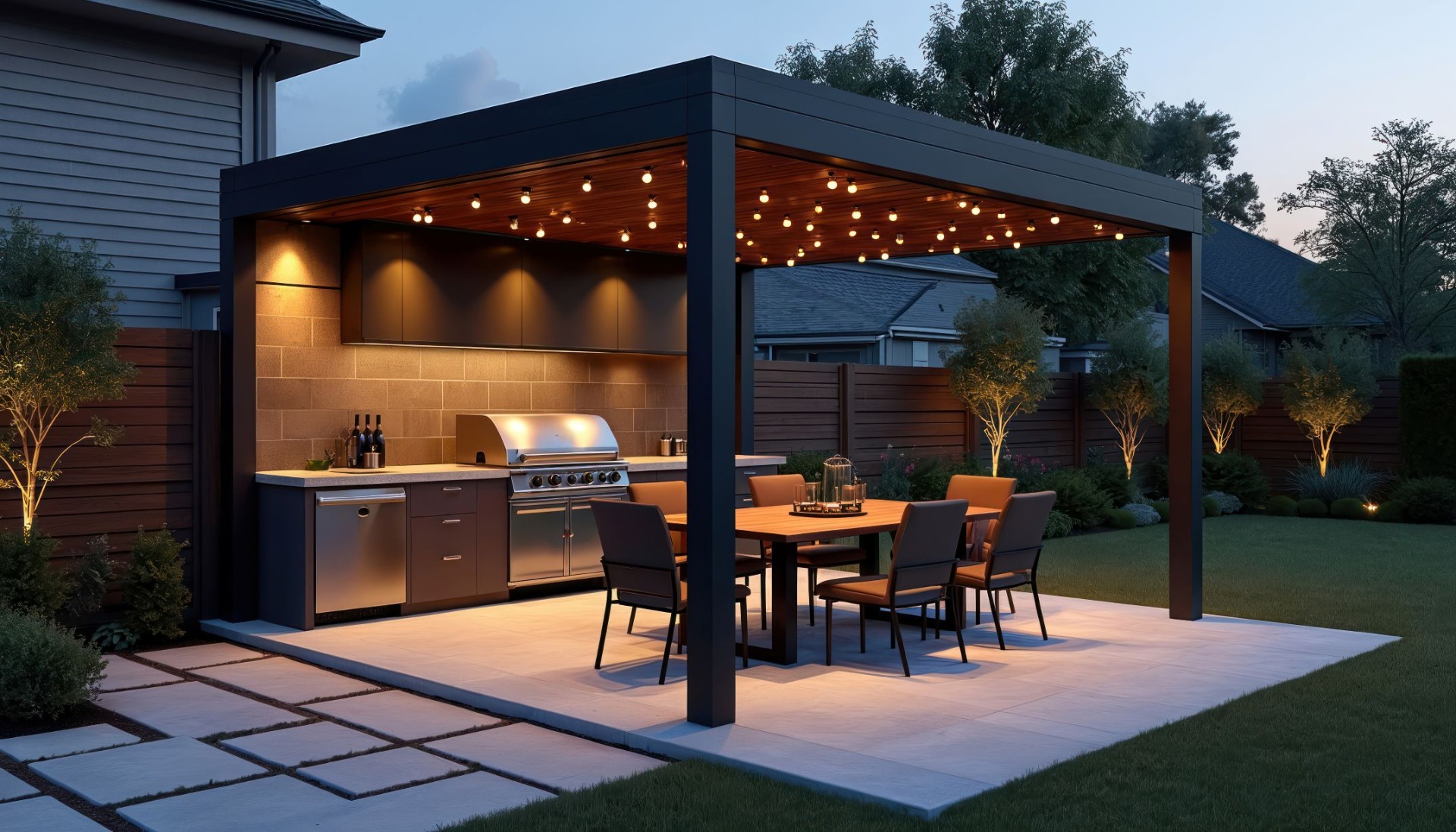 Pergola mit Küche am Abend