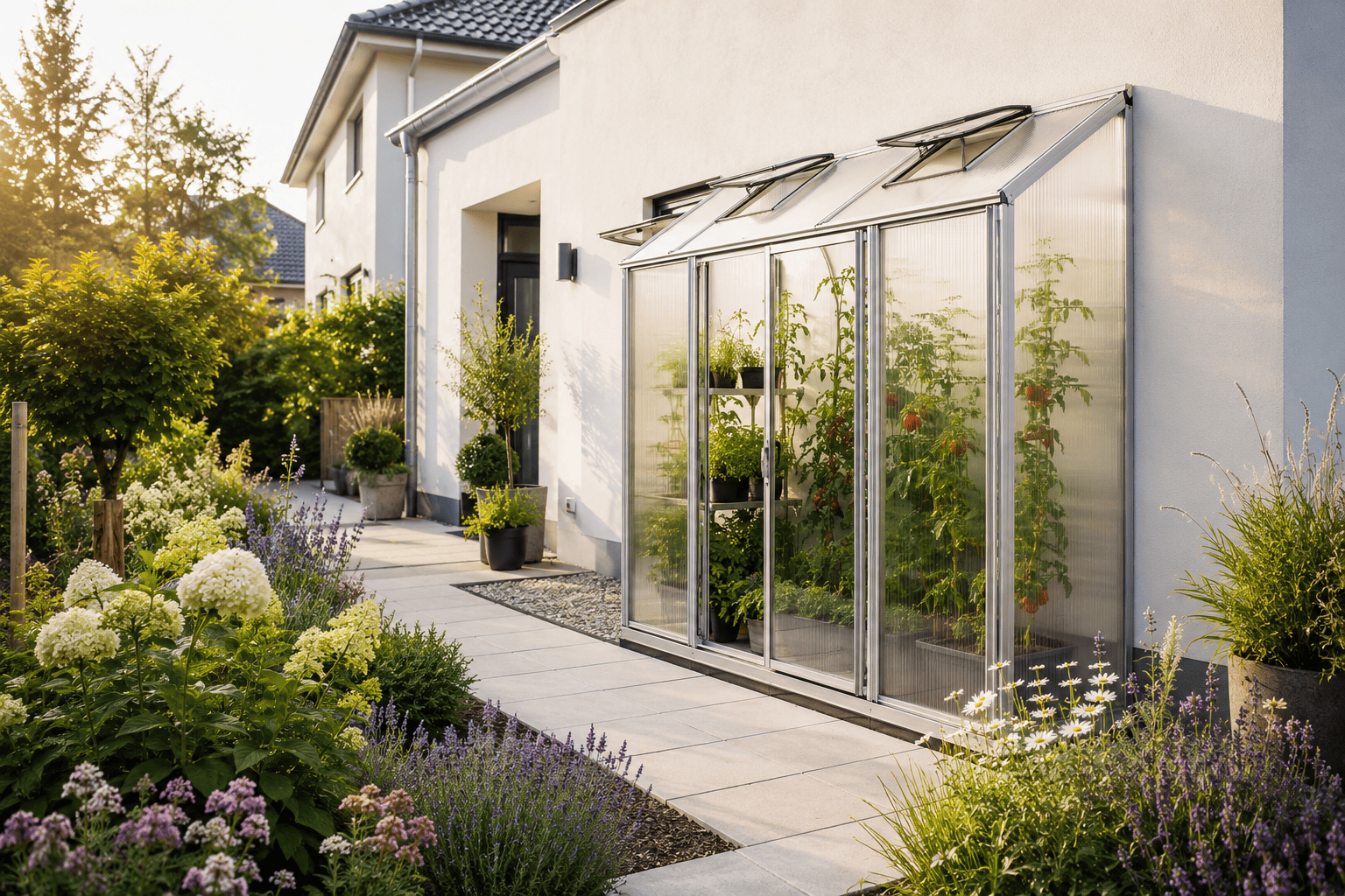 Garten mit Gewächshaus