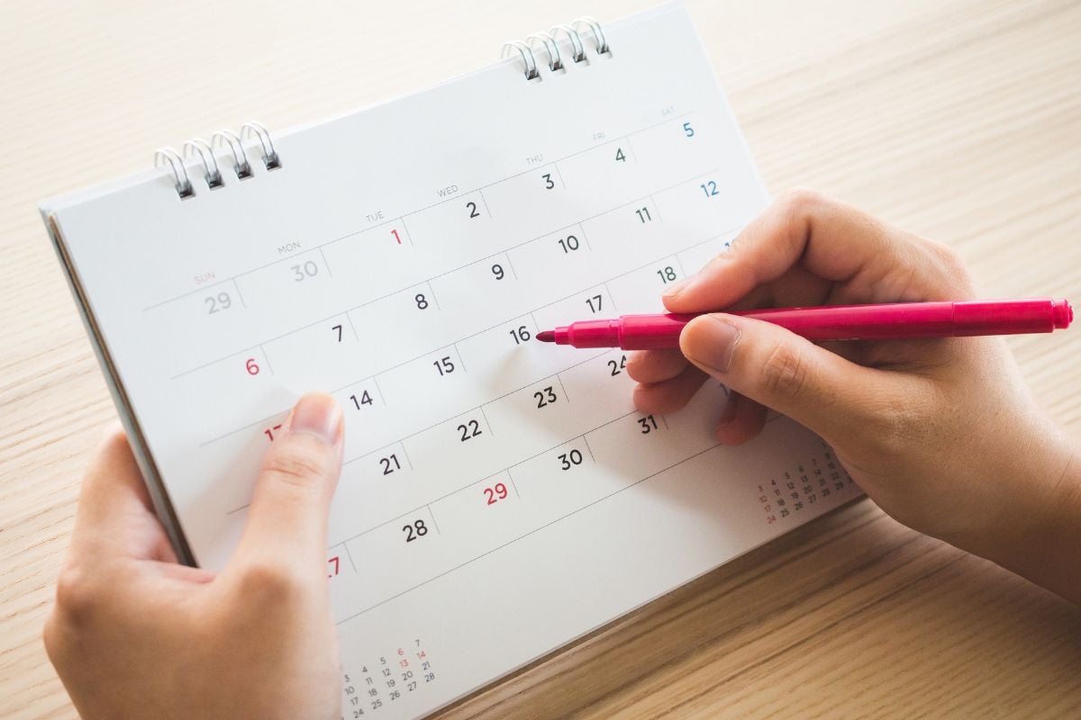 Pflanzenkalender August - Hand mit Stift schreibt auf Kalenderseite