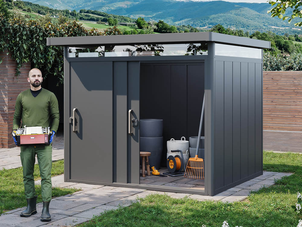 Metallgerätehaus 284x268 cm, Türhöhe: 188 cm, Dachlast: 200 kg/m², stabil, wetterfest, hochwertiges Metall-Gartenhaus für die sichere Aufbewahrung von