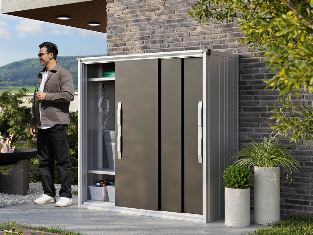 Geräteschrank Größe: 150x75 cm, Höhe: 150 cm, Dachlast: 150 kg/m2, Gartenschrank Gerätehaus Metall, Metallgerätehaus Gerätehaus Geräteschuppen Metall