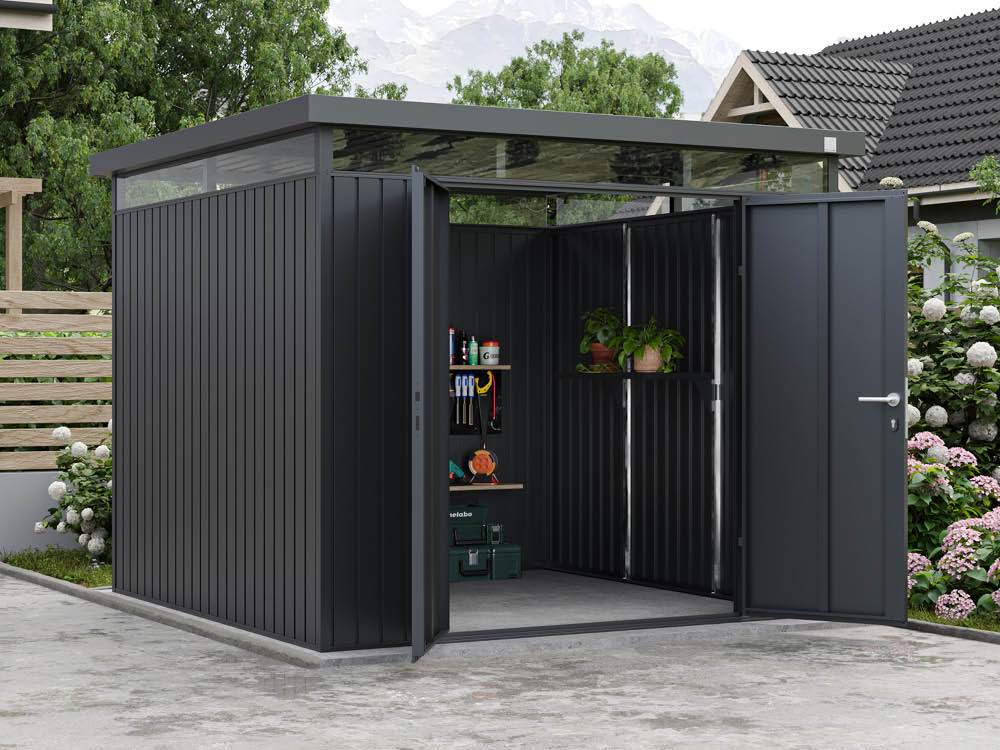 Metallgerätehaus 240x240 cm, Türhöhe: 173 cm, Dachlast: 150 kg/m², stabil, wetterfest, hochwertiges Metall-Gartenhaus für die sichere Aufbewahrung von