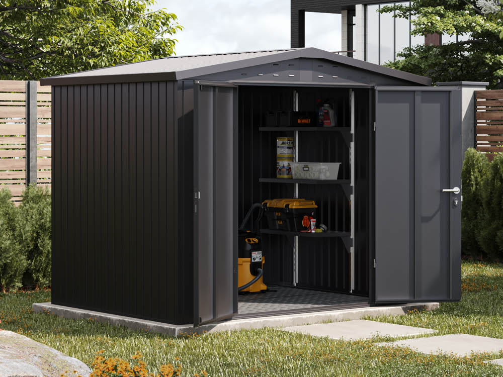 Metallgerätehaus 240x180 cm, Türhöhe: 173 cm, Dachlast: 150 kg/m², stabil, wetterfest, hochwertiges Metall-Gartenhaus für die sichere Aufbewahrung von