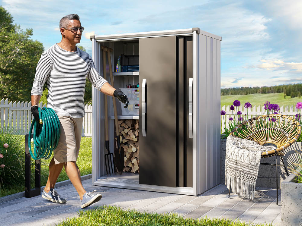 Geräteschrank Größe: 120x75 cm, Höhe: 150 cm, Dachlast: 150 kg/m2, Gartenschrank Gerätehaus Metall, Metallgerätehaus Gerätehaus Geräteschuppen Metall