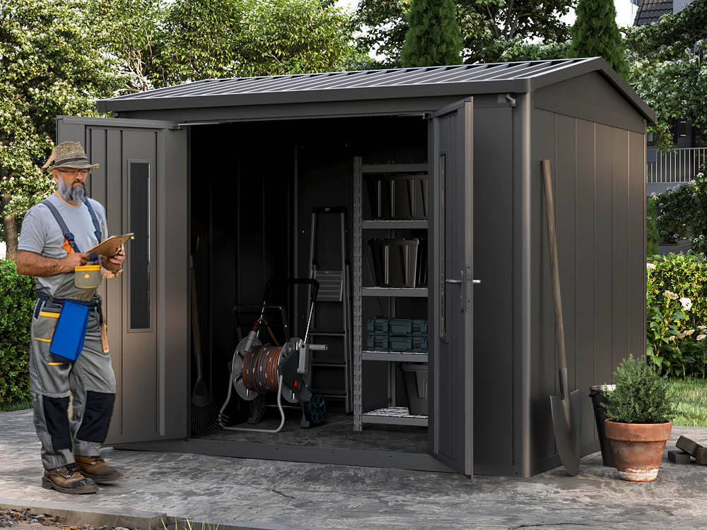 Metallgerätehaus 270x248 cm, Türhöhe: 184 cm, Dachlast: 200 kg/m², stabil, wetterfest, hochwertiges Metall-Gartenhaus für die sichere Aufbewahrung von
